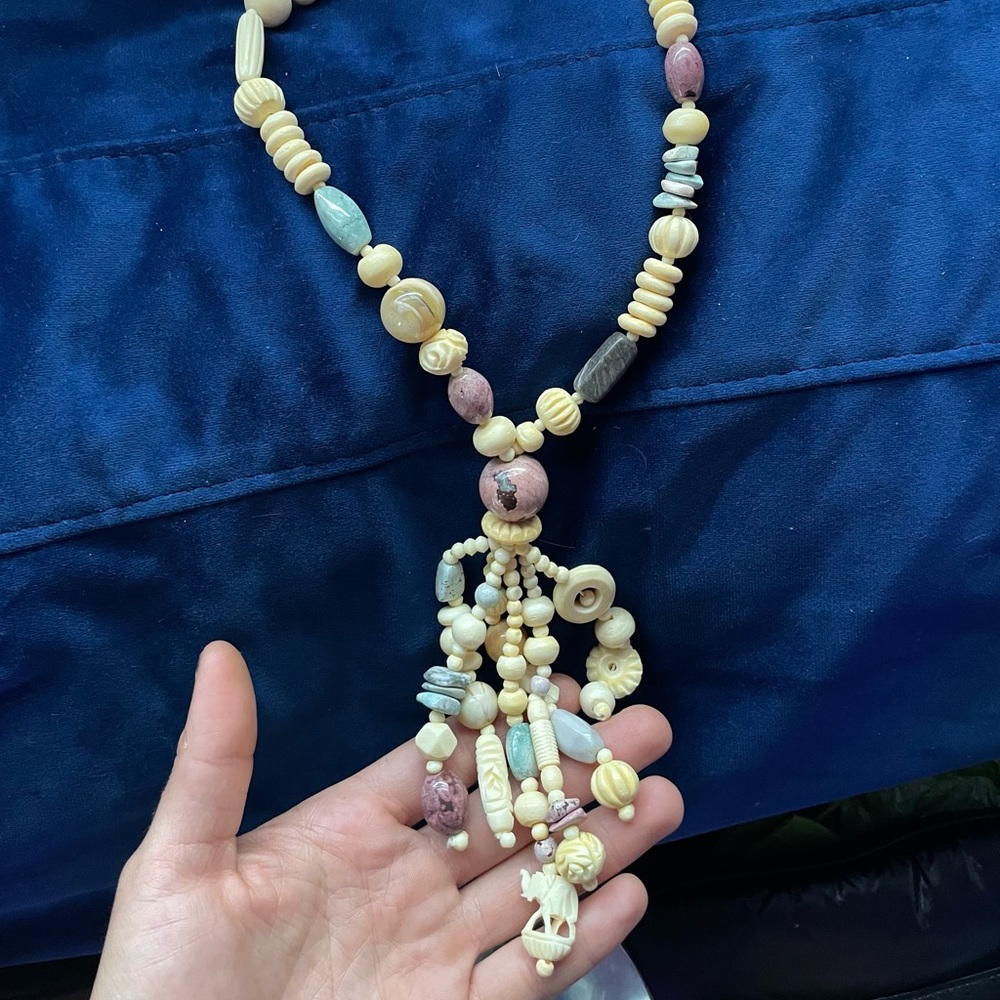 Vintage Carved Elephant Necklace • Natural Stone Beads
